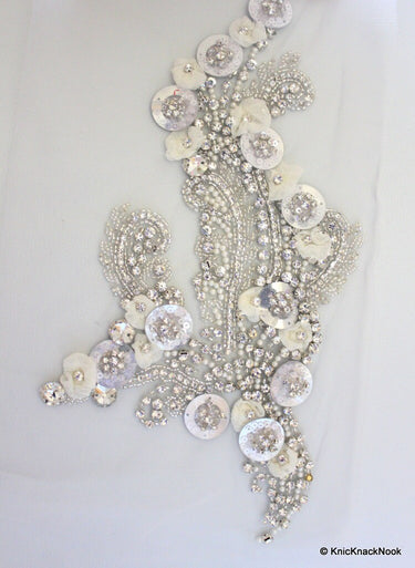 Faux Swarovski Crystal, Pearl, Silver Beaded Applique Wedding Bridal Accessories